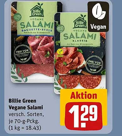 Billie Green Vegane Salami versch. Sorten, je 70-g- Pckg. (1 kg = 18.43)