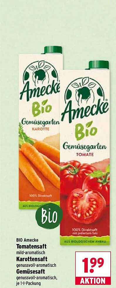 BIO Amecke Tomatensaft mild-aromatisch Karottensaft genussvoll-aromatisch Gemüsesaft genussvoll-aromatisch, je 1-l-Packung