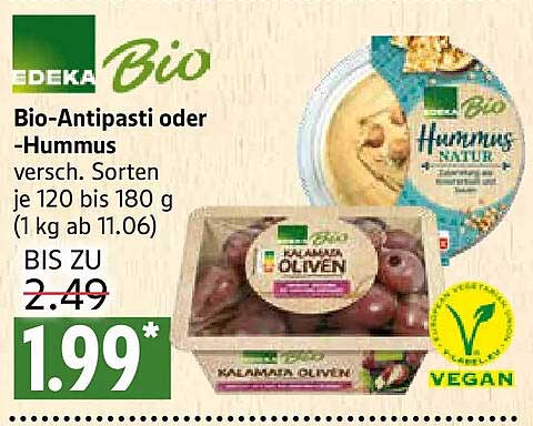 Bio-Antipasti oder -Hummus versch. Sorten je 120 bis 180 g (1 kg ab 11.06)