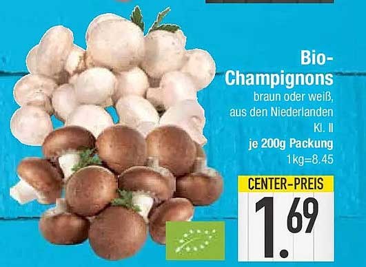 Bio-Champignons braun oder weiß, aus den Niederlanden, Kl. I, je 200g Packung, 1kg=8.45