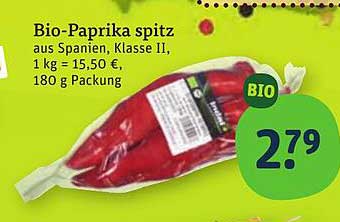 Bio-Paprika spitz aus Spanien, Klasse II, 1 kg = 15,50 €, 180 g Packung
