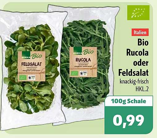 Bio Rucola oder Feldsalat knackig-frisch HKL.2 100g Schale