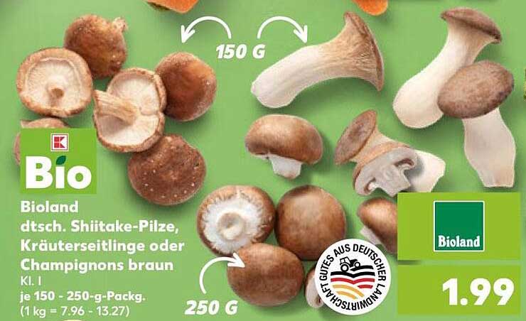 Bioland dtsch. Shiitake-Pilze, Kräutersaitlinge oder Champignons braun Kl. I je 150 - 250-g-Packg.