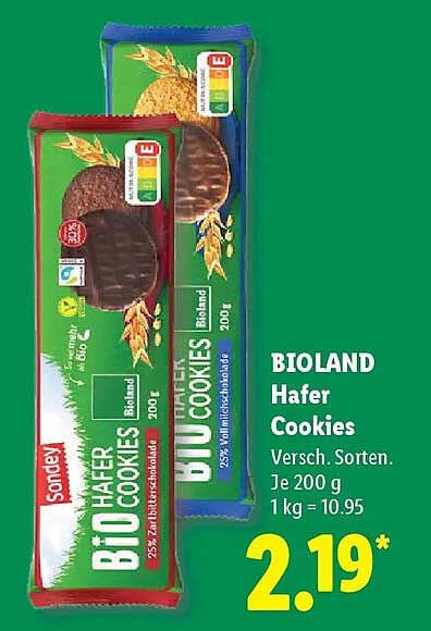 BIOLAND Hafer Cookies Versch. Sorten. 200 g 1 kg = 10.95