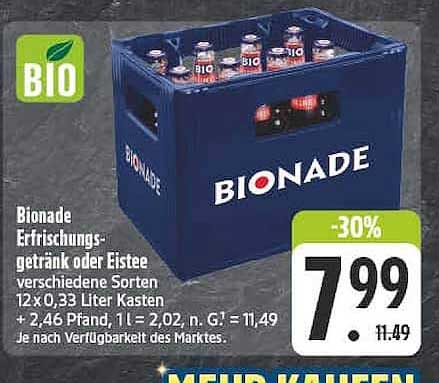 Bionade Erfrischungsgetränk oder Eistee verschiedene Sorten 12 x 0,33 Liter Kasten + 2,46 Pfand, 1 l = 2,02, n. G. = 11,49 Je nach Verfügbarkeit des Marktes.