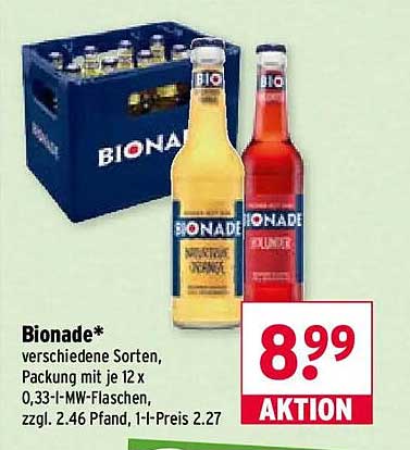 Bionade* verschiedene Sorten, Packung mit je 12 x 0,33 l-MW-Flaschen, zzgl. 2.46 Pfand, 1l-Preis 2.27