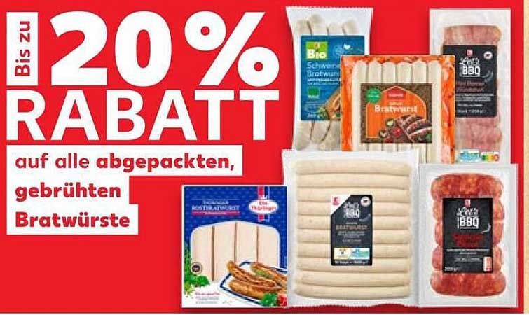 Bis zu 20% RABATT auf alle abgepackten, gebrühten Bratwürste