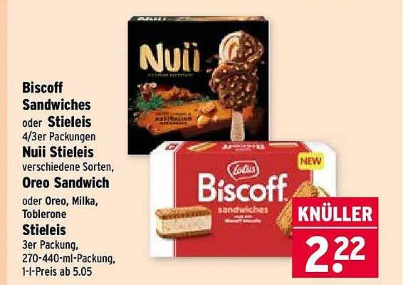 Biscoff Sandwiches oder Stieleis 4/3er Packungen Nuii Stieleis verschiedene Sorten, Oreo Sandwich oder Oreo, Milka, Toblerone Stieleis 3er Packung, 270-440-ml-Packung, 1-l-Preis ab 5.05