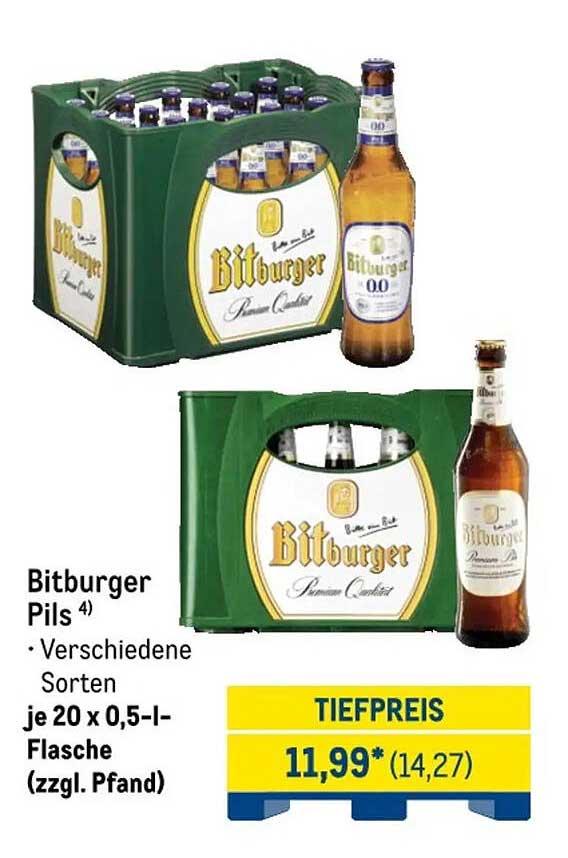 Bitburger Pils 4) • Verschiedene Sorten je 20 x 0,5-l-Flasche (zzgl. Pfand)