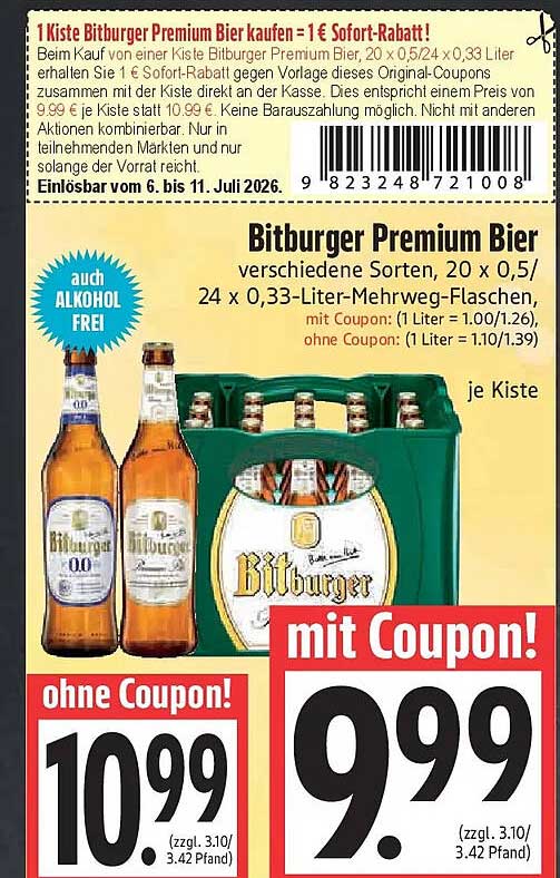 Bitburger Premium Bier verschiedene Sorten, 20 x 0,5/24 x 0,33-Liter-Mehrweg-Flaschen, mit Coupon!