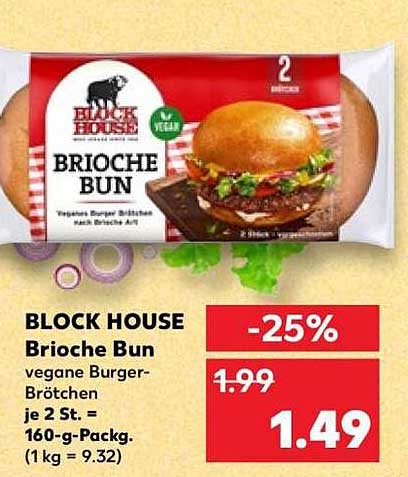 BLOCK HOUSE Brioche Bun vegane Burger-Brötchen je 2 St. = 160-g-Packg. (1 kg = 9.32)
