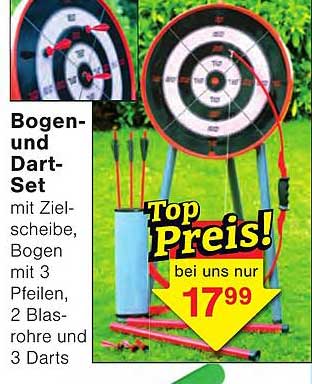 Bogen- und Dart-Set mit Zielscheibe, Bogen mit 3 Pfeilen, 2 Blasrohre und 3 Darts