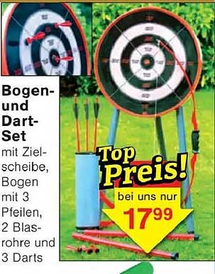 Bogen-und Dart-Set mit Zielscheibe, Bogen mit 3 Pfeilen, 2 Blasrohre und 3 Darts