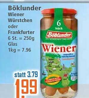 Böklunder Wiener Würstchen oder Frankfurter 6 St. = 250g Glas 1kg = 7.96