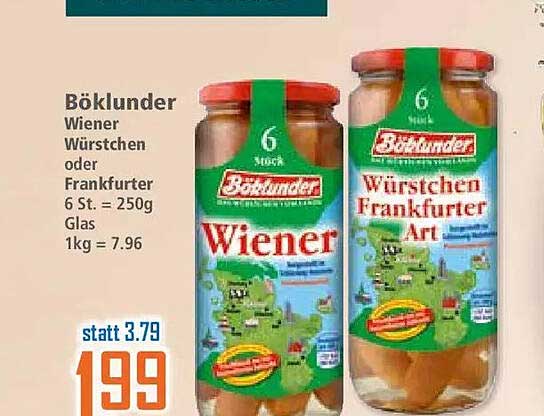 Böklunder Wiener Würstchen oder Frankfurter 6 St. = 250g Glas 1kg = 7.96