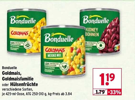 Bonduelle Goldmais, Goldmaisfamilie oder Hülsenfrüchte verschiedene Sorten, je 425-ml-Dose, ATG 250-310 g, kg-Preis ab 3.84