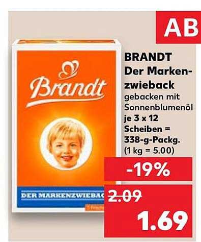 BRANDT Der Marken-zwieback gebacken mit Sonnenblumenöl je 3 x 12 Scheiben = 338-g-Packg. (1 kg = 5.00)