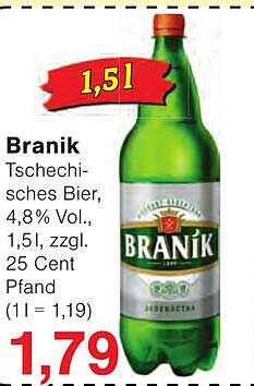 Branik Tschechisches Bier, 4,8 % Vol., 1,5 l, zzgl. 25 Cent Pfand (1 l = 1,19)