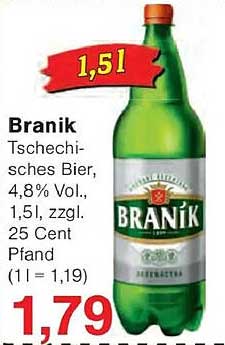 Branik Tschechisches Bier, 4,8% Vol., 1,5l, zzgl. 25 Cent Pfand (1 l = 1,19)