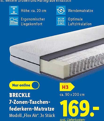 BRECKLE 7-Zonen-Taschen-federkern-Matratze Modell „Flex Air“ Je Stück