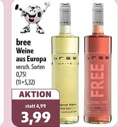 bree Weine aus Europa versch. Sorten 0,75l (1l=5,32)