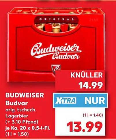 BUDWEISER Budvar orig. tschech. Lagerbier (+ 3.10 Pfand) je Kt. 20 x 0,5-l-Fl. (1 l = 1.50)