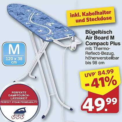Bügeltisch Air Board M Compact Plus mit Thermo-Reflect-Bezug, höhenverstellbar bis 98 cm