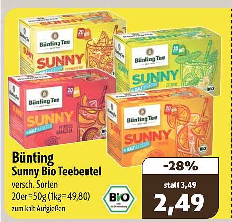 Bünting Sunny Bio Teebeutel versch. Sorten 20er=50g (1kg=49,80) zum kalt Aufgießen