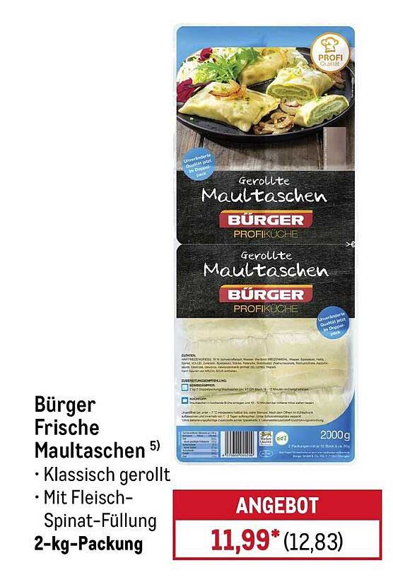 Bürger Frische Maultaschen Klassisch gerollt Mit Fleisch-Spinat-Füllung 2-kg-Packung