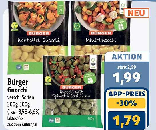 Bürger Gnocchi versch. Sorten 300g-500g (1kg=3,98-6,63) laktosefrei aus dem Kühlregal