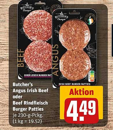 Butcher’s Angus Irish Beef oder Beef Rindfleisch Burger Patties je 230-g-Packg. (1 kg = 19.52)