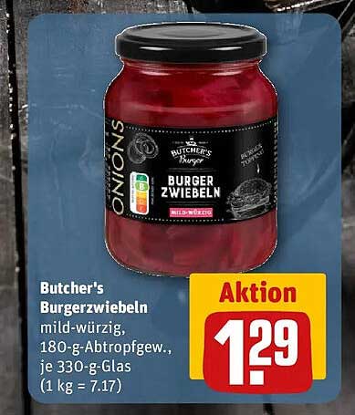 Butcher's Burgerzwiebeln mild-würzig, 180-g-Abtropfgew. je 330-g-Glas (1 kg = 7.17)