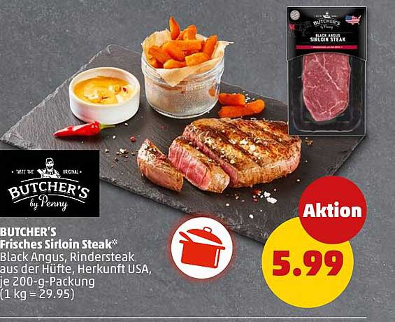 BUTCHER'S Frisches Sirloin Steak* Black Angus, Rindersteak aus der Hüfte, Herkunft USA, je 200-g-Packung (1 kg = 29.95)
