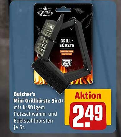 Butcher's Mini Grillbürste 3in1 mit kräftigem Putzschwamm und Edelstahlborsten je St.