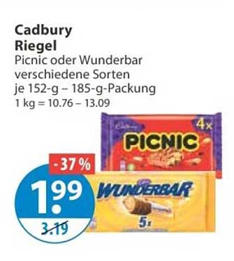 Cadbury Riegel Picnic oder Wunderbar verschiedene Sorten je 152-g - 185-g-Packung 1 kg = 10.76 - 13.09