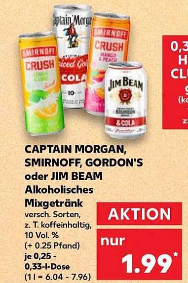 CAPTAIN MORGAN, SMIRNOFF, GORDON'S oder JIM BEAM Alkoholisches Mixgetränk