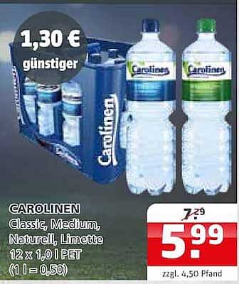CAROLINEN Classic, Medium, Naturell, Limette 12 x 1,0 l PET (1 l = 0,50)