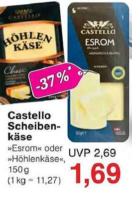 Castello Scheibenkäse »Esrom« oder »Höhlenkäse« 150g (1 kg = 11,27)