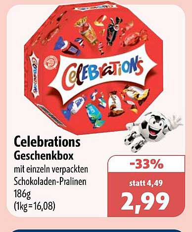 Celebrations Geschenkbox mit einzeln verpackten Schokoladen-Pralinen 186g (1kg=16,08)
