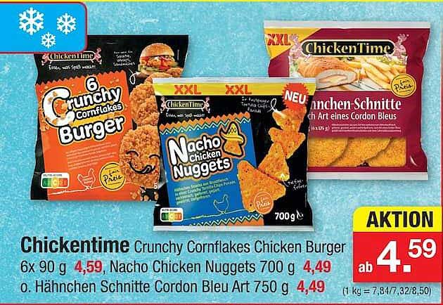 Chickentime Crunchy Cornflakes Chicken Burger 6x 90 g, Nacho Chicken Nuggets 700 g o. Hähnchen Schnitte Cordon Bleu Art 750 g