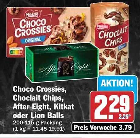 Choco Crossies, Choclait Chips, After Eight, Kitkat oder Lion Balls 200-115 g Packung