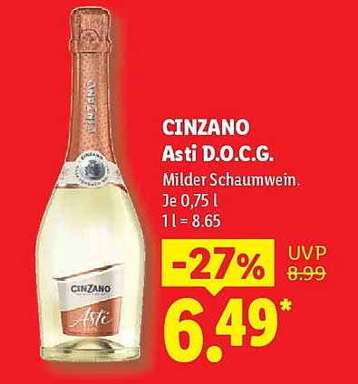CINZANO Asti D.O.C.G. Milder Schaumwein. Je 0,75 l 1 l = 8.65