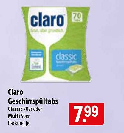 Claro Geschirrspültabs Classic 70er oder Multi 50er Packung je