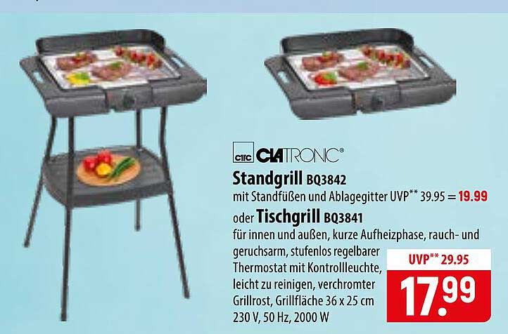 Clatronic Standgrill BQ3842 mit Standfüßen und Ablagegitter oder Tischgrill BQ3841