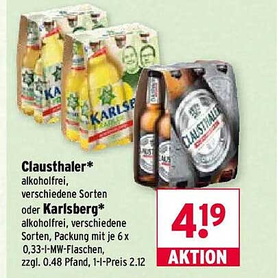 Clausthaler*, alkoholfrei, verschiedene Sorten oder Karlsberg*, alkoholfrei, verschiedene Sorten, Packung mit je 6 x 0,33-l-M-Flaschen, zzgl. 0.48 Pfand, 1-l-Preis 2.12
