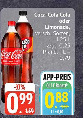 Coca-Cola Cola oder Limonade, versch. Sorten, 1,25 L zzgl. 0,25 Pfand, 1 L = 0,79
