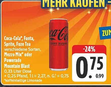 Coca-Cola*, Fanta, Sprite, Fuze Tea verschiedene Sorten, Mezzo Mix* oder Powerade Mountain Blast 0,33 Liter Dose + 0,25 Pfand, 1 l = 2,27, n. G.! = 0,75* koffeinhaltige Limonade