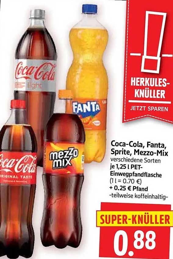 Coca-Cola, Fanta, Sprite, Mezzo-Mix verschiedene Sorten je 1,25 l PET-Einwegpfandflasche