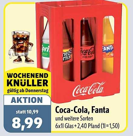 Coca-Cola, Fanta und weitere Sorten 6x1l Glas+2,40 Pfand (1l=1,50)