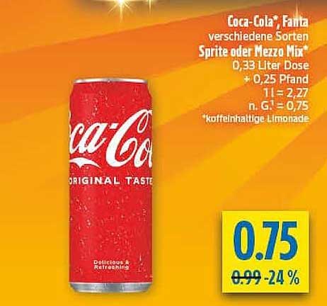 Coca-Cola, Fanta verschiedene Sorten Sprite oder Mezzo Mix* 0,33 Liter Dose + 0,25 Pfand